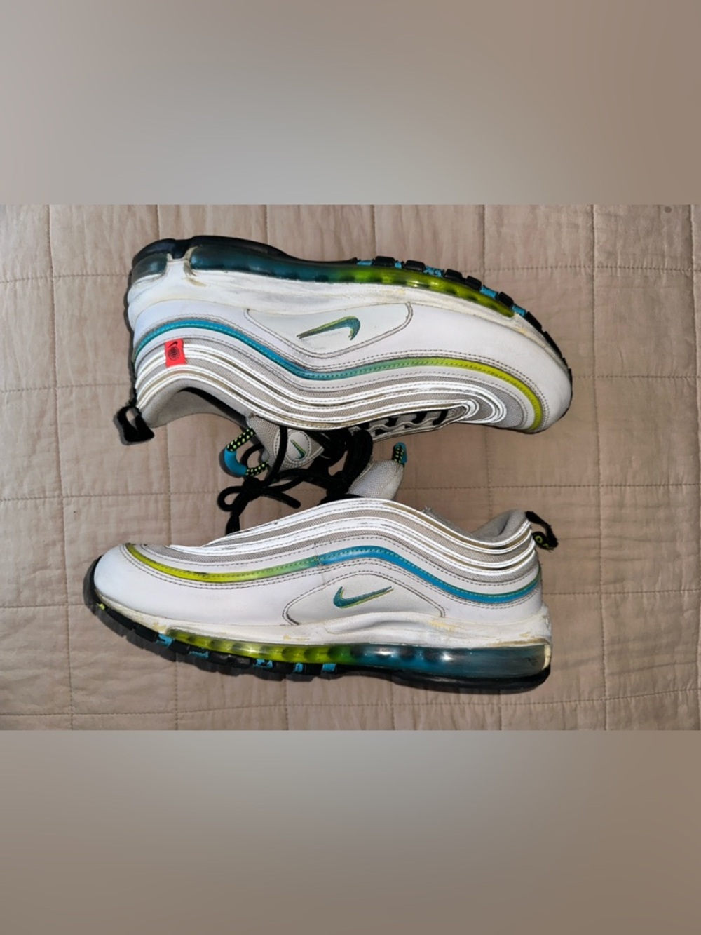 Nike Air Max 97 White with Teal and Lime Accent Lines